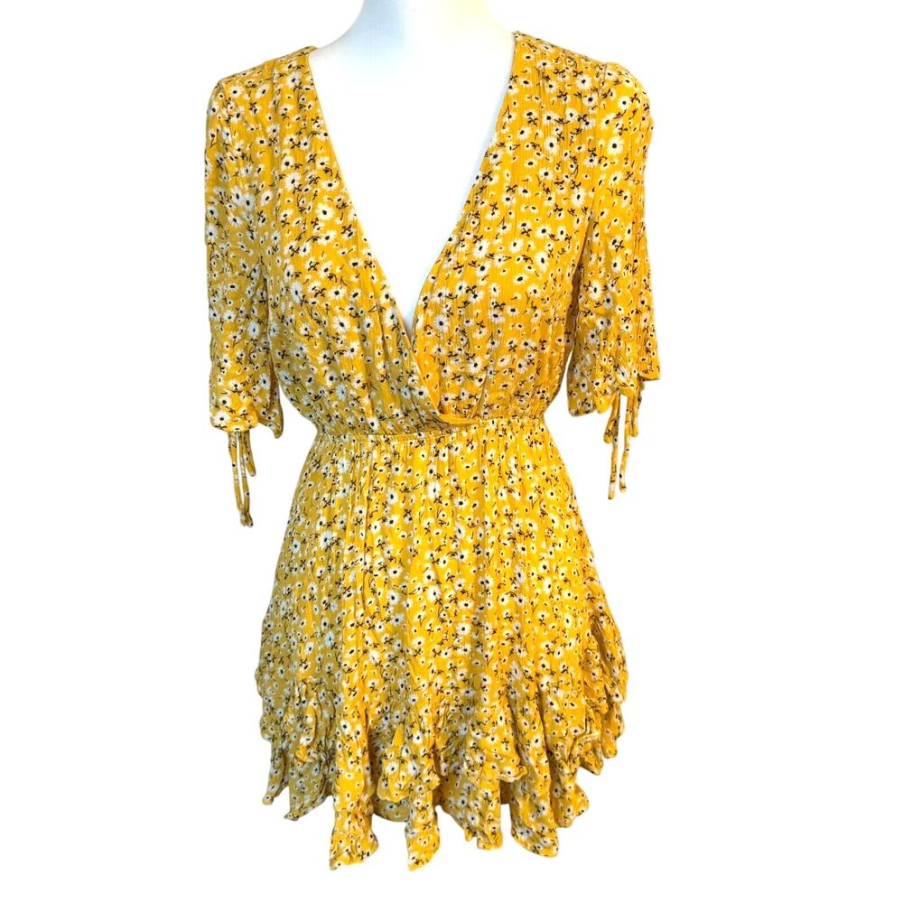 PETAL + PUP Women's‎ 6 Yellow Floral Faux Wrap Mini Dress Ruffles Tiered Cottage